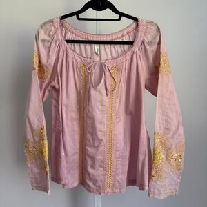 Cake‎ sz S Pink Gold Embroidered Cotton Blouse Prairie Cottagecore Fairy